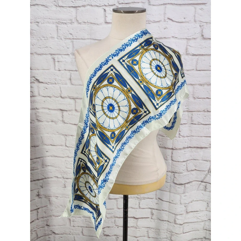 Vintage Retro Scarf Rectangle Steampunk MCM Satin Art Deco Stained Glass Blue